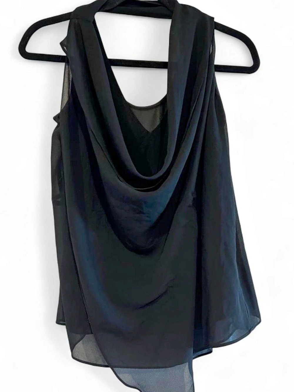Francesca’s Black Asymmetric Draped Chiffon Tank Top Blouse Side Cascade